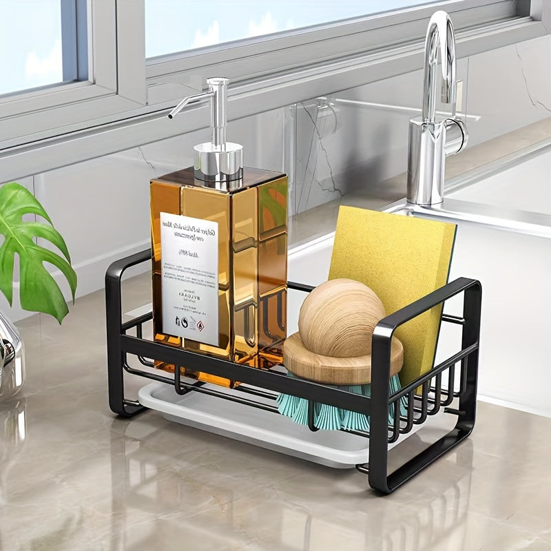 Get organized in the kitchen with this stainless steel drain rack. Stocked with essential items including a sponge wipe, steel wool ball, hand soap, sink cover, dish soap, dishwashing brush, and shelf.