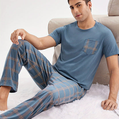 Men's casual blue short-sleeve top and plaid long pants set made of soft polyester for loungewear at home or out.