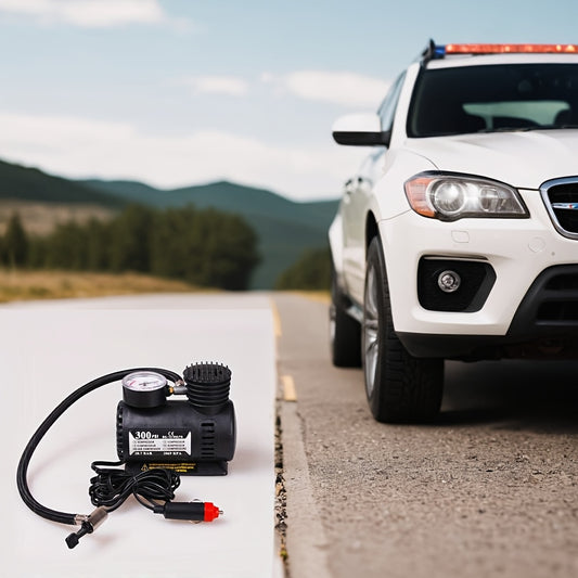 High-Pressure Portable Air Compressor: 300 PSI with Pressure Gauge, ideal for motorcycles, bicycles, sports balls. Includes red adapter.