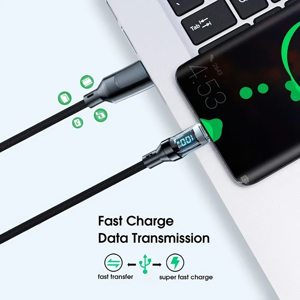 Fast charging Type C cable with digital display, durable nylon, compatible with various mobile phones and tablets, round shape.