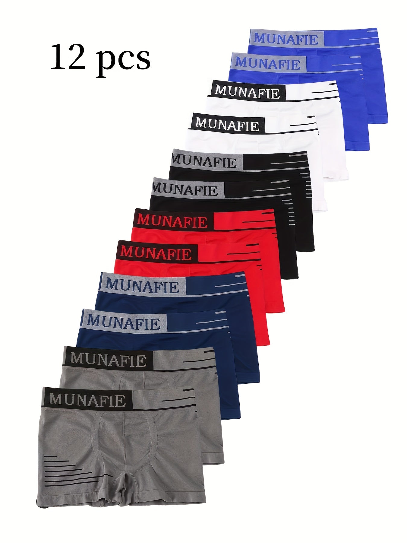 12pcs Men's Seamless Boxer Briefs in red, black, blue, and white with "MUNAFIE" print. Sizes S & M available. Breathable, quick-dry, stretchy fabric for everyday comfort.