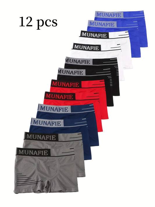 12pcs Men's Seamless Boxer Briefs in red, black, blue, and white with "MUNAFIE" print. Sizes S & M available. Breathable, quick-dry, stretchy fabric for everyday comfort.