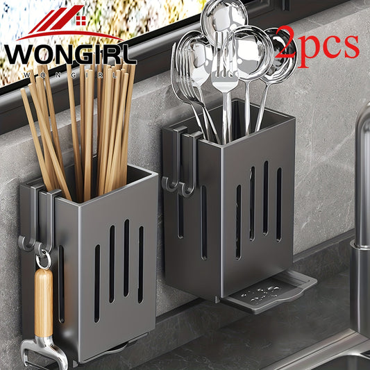 2pcs WONGIRL Kitchen Organizer - Durable plastic holder for utensils, chopsticks, and flatware, can be wall-mounted or freestanding