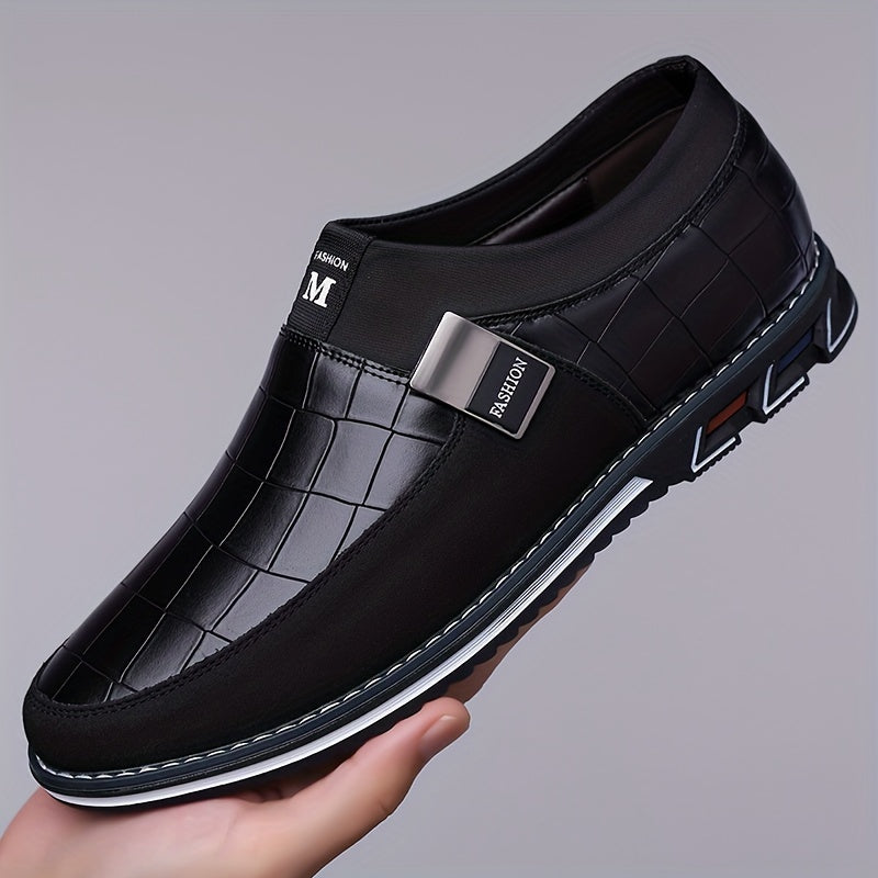 Men's slip-on business casual shoes with synthetic microfiber leather, anti-slip rubber sole, PU inner lining, and low top design for daily wear in spring/fall season.