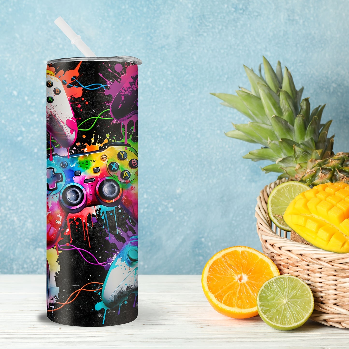 20oz Stainless Steel Insulated Water Bottle featuring a Colorful Game Controller Design - Includes Straw, Ideal Gift for Gamers - Hand Wash Only.