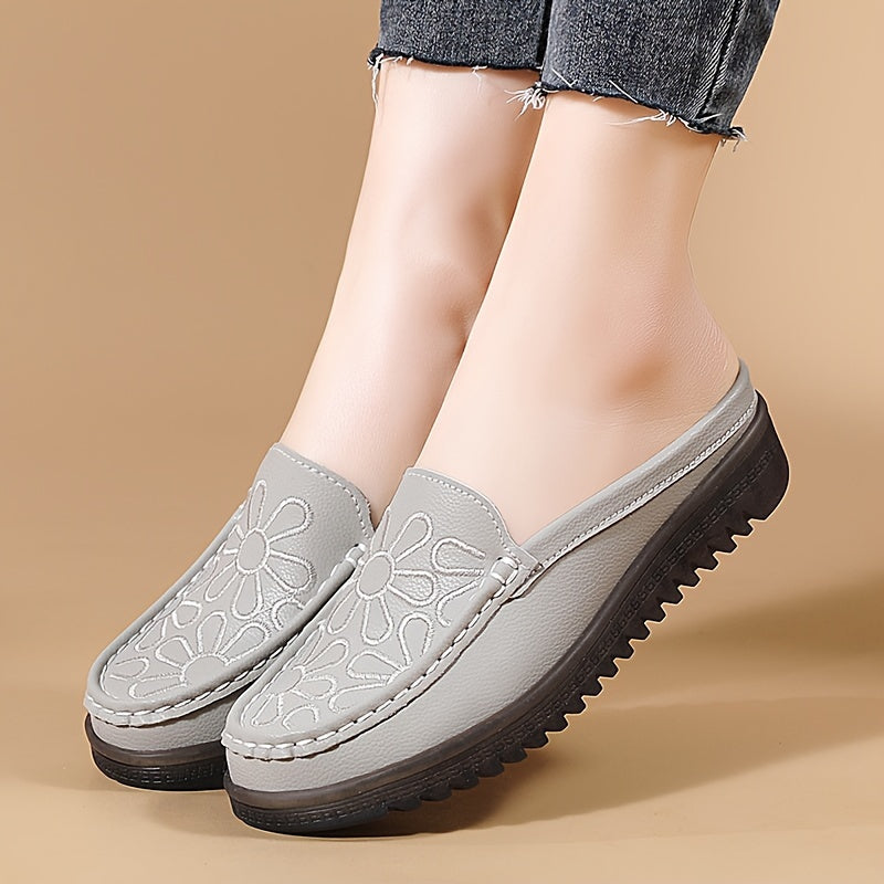 Lightweight slip-on mules for women, with flat heel and plain toe. Made from man-made materials, hand washable. Perfect for all-season comfort. European Special Edition.