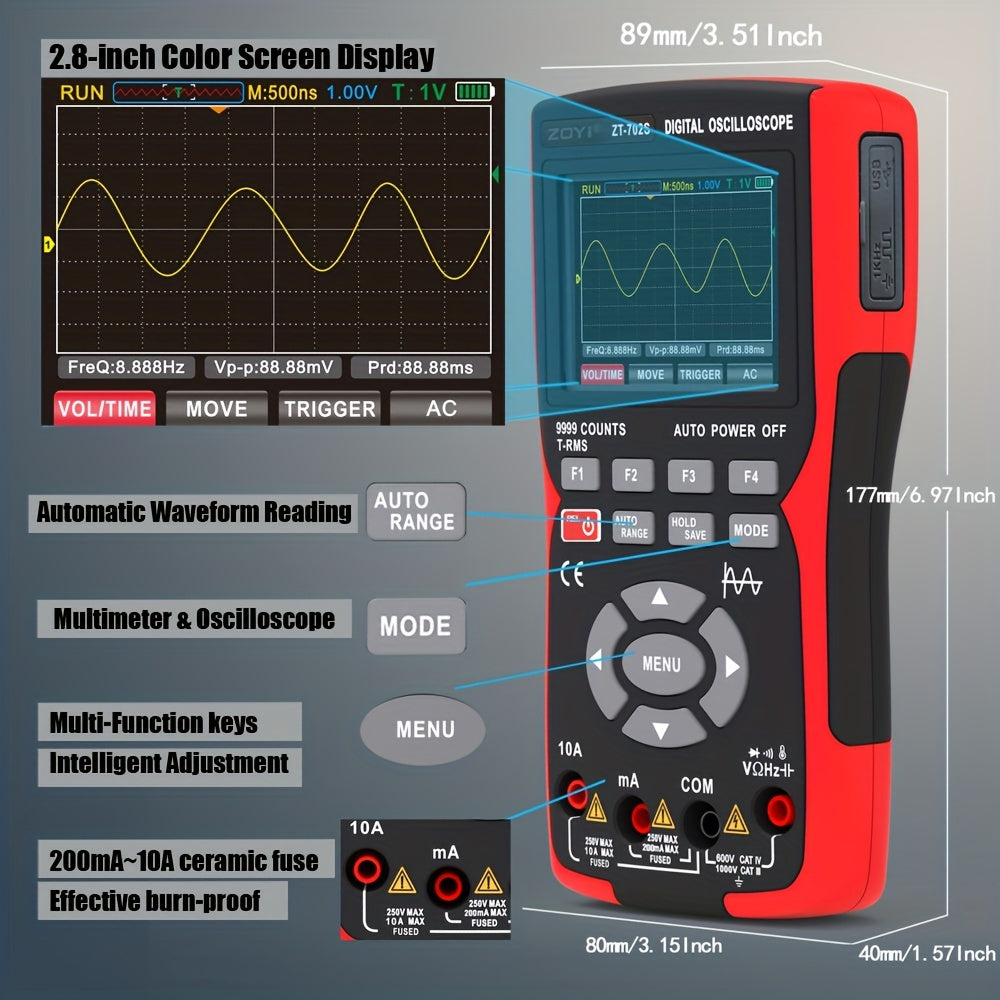 ZOYI ZT-702S is a combo device that integrates a 10MHz digital oscilloscope and multimeter with features such as True RMS, high-speed 48m/S, transistor probe, PC waveform display, and