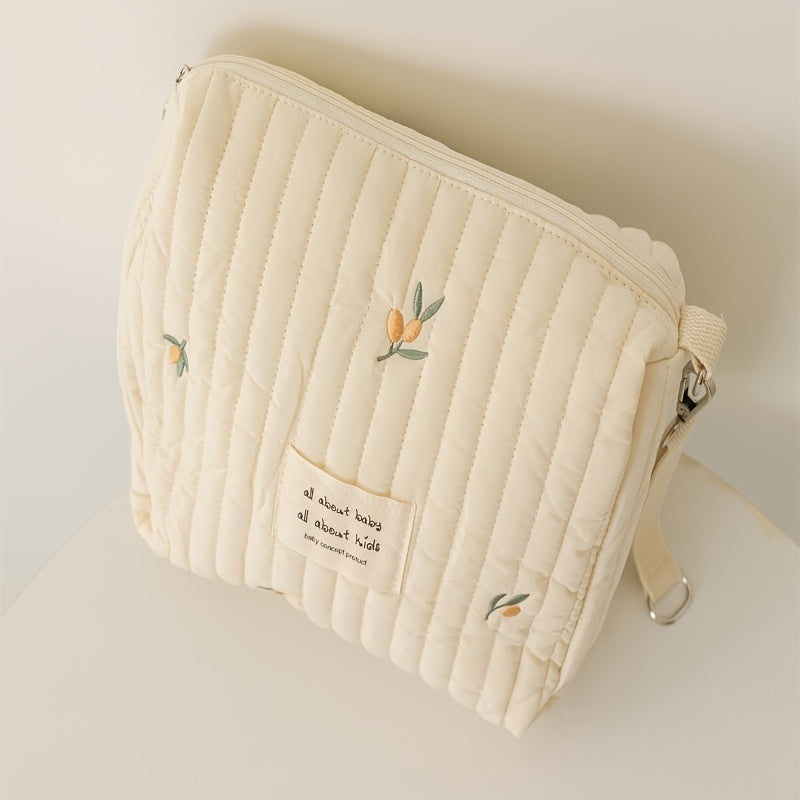 Embroidered Cotton Mommy Bag with Zipper Closure for Stroller Hanging, suitable for Diaper Bag use.