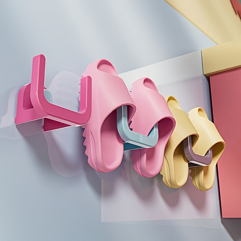 Bathroom slipper rack in dopamine style, features two pieces with suction cup hooks for easy installation. Versatile design also functions as a shoe storage rack, toilet shelf, and wall hanger bracket without the need for punching holes.