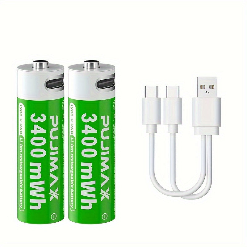 PUJIMAX 1.5V AA 3400mWh Rechargeable Batteries available in sets of 2, 4, or 8 with fast Type-C charging and long-lasting power for electronics. Features green battery design and durability.