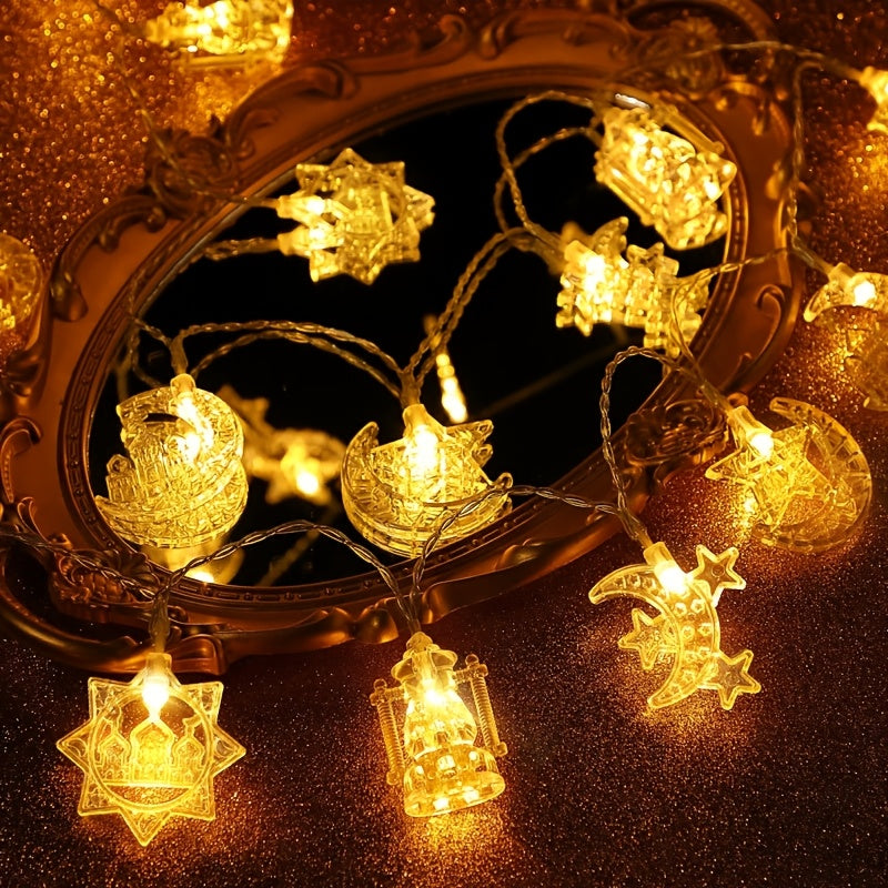 Battery-powered LED string lights with a golden Islamic-themed design featuring stars and moons, perfect for Ramadan, Diwali, and holiday décor. Made of plastic, switch-controlled, and