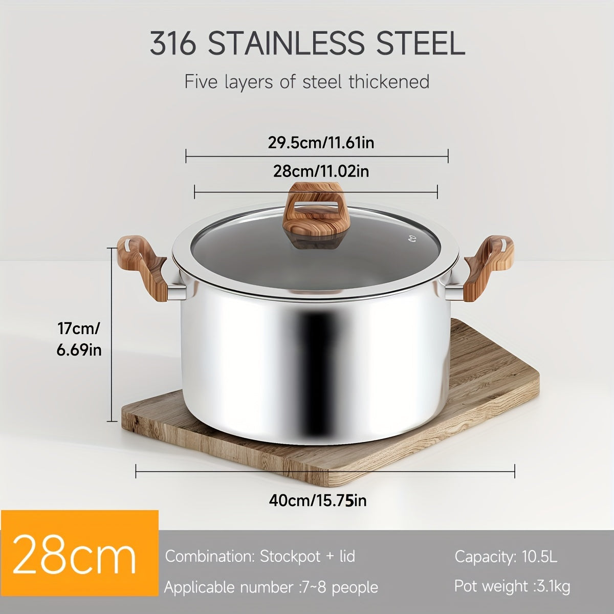 Five-layer composite steel pot for the kitchen, made of thickened food-grade 316 stainless steel. Non-stick and induction cooktop compatible. Features a deep soup pot and thickened steamer with 304 stainless steel lid. Ideal for cooking noodles