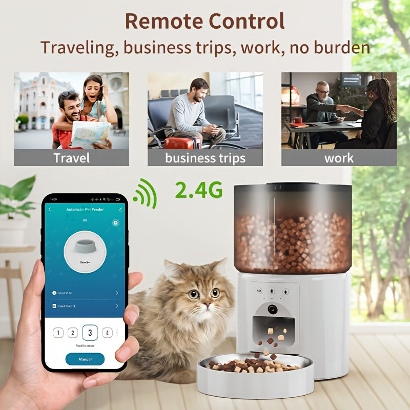 Automatic cat feeder with timed and quantitative feeding, large grain storage capacity, video and voice interactive features, three versions available, keeps food dry.