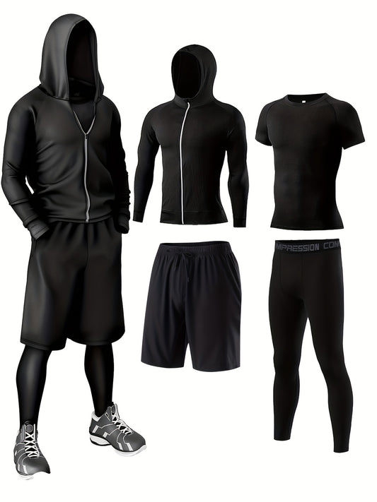 Polyester and elastane blend athletic set includes crew neck hoodie and skinny fit bottoms for running, fitness, cycling, and outdoor activities.