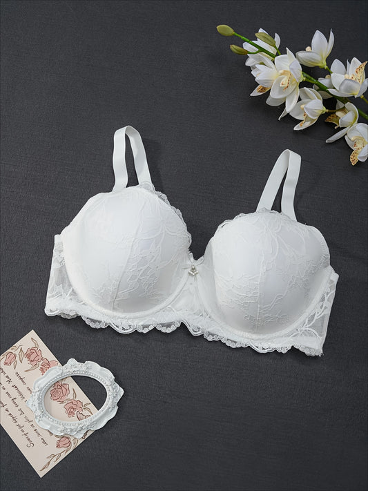 Elegant floral lace underwire bra for plus-size women with bow decor.