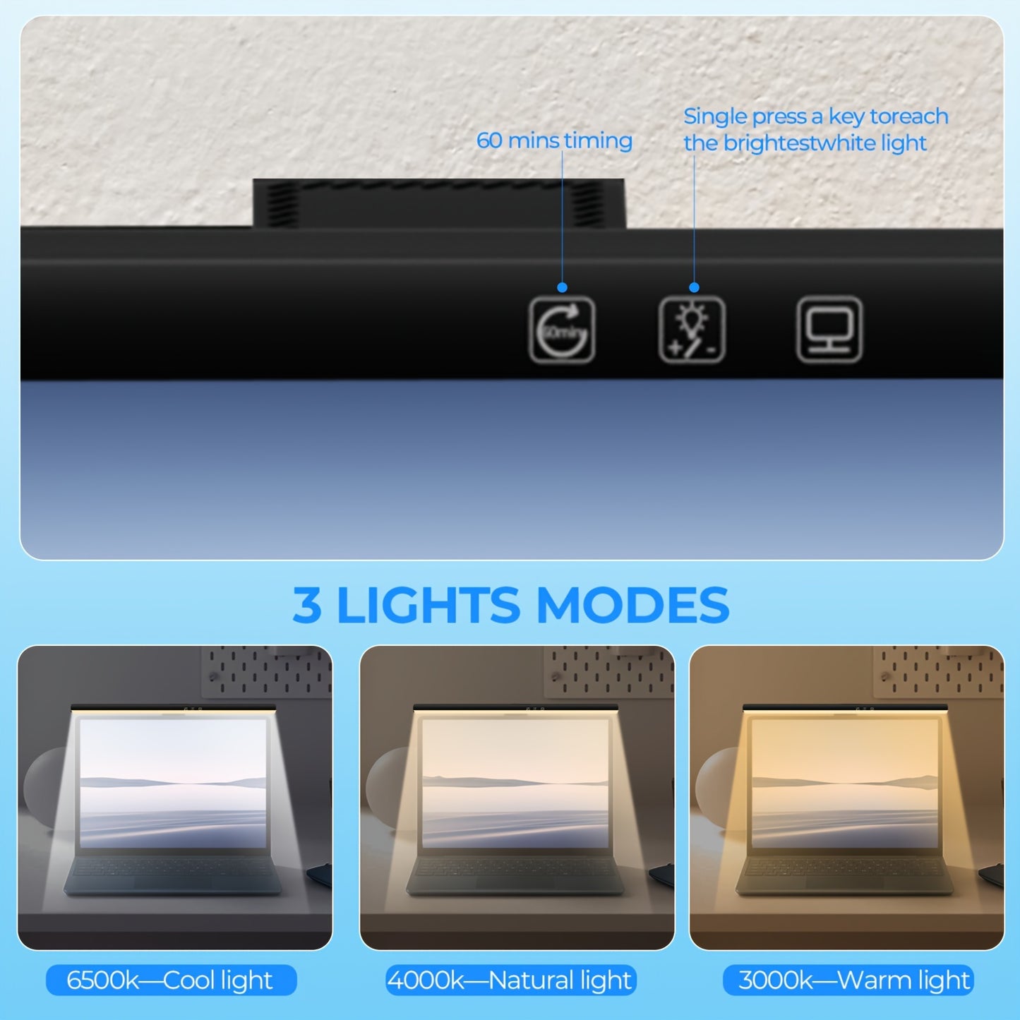 LED computer screen light with USB power supply, touch control switch, and three adjustable color temperatures suitable for home or office use.