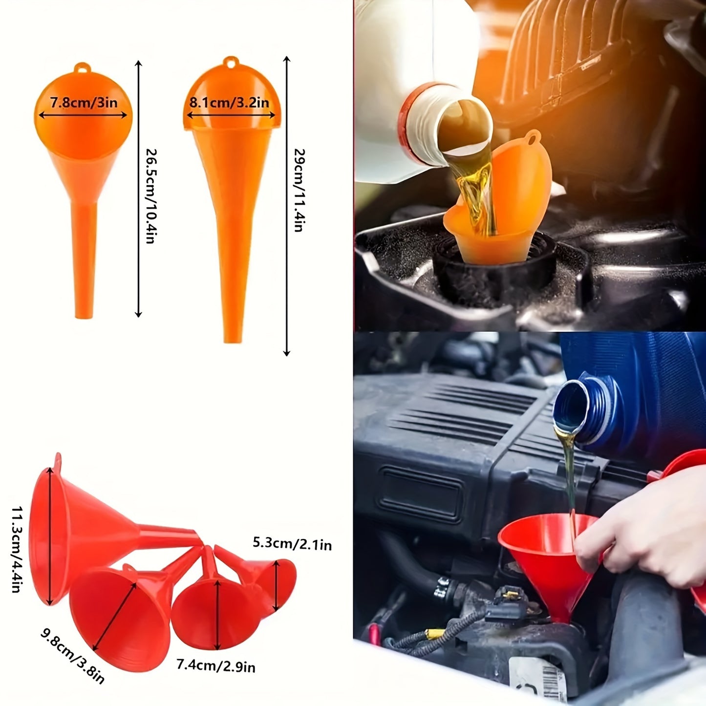 10pcs Car Funnel Set including long neck oil funnel, buckle funnel, right angle funnel, wide mouth fuel funnel for filling coolant, gasoline, water, and engine oil.