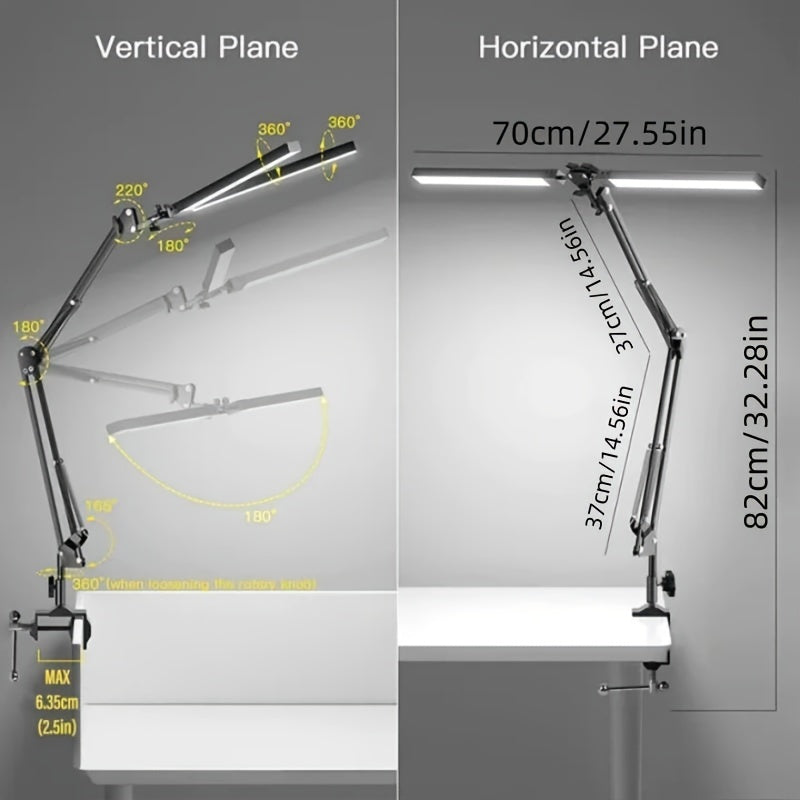 Ultra Wide Double Head LED Desk Lamp with Clamp, 3 Color Modes, 10 Stepless Dimmable, USB Powered