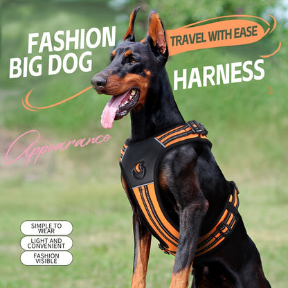 Polyester adjustable dog harness, hand-washable, with reflective material, easy-grip handle, and D-ring. Suitable for large breeds and outdoor walks.