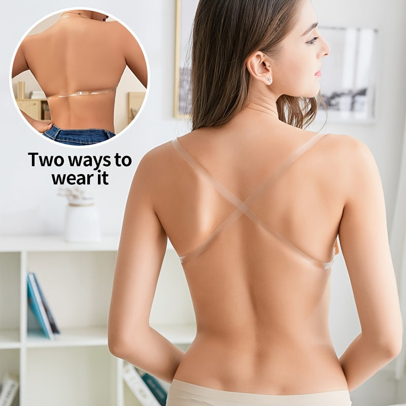 Reusabe beige self-adhesive bra with removable straps for a natural look. Comfortable and seamless in polyester silicone material. Invisible and elegant lingerie accessory.