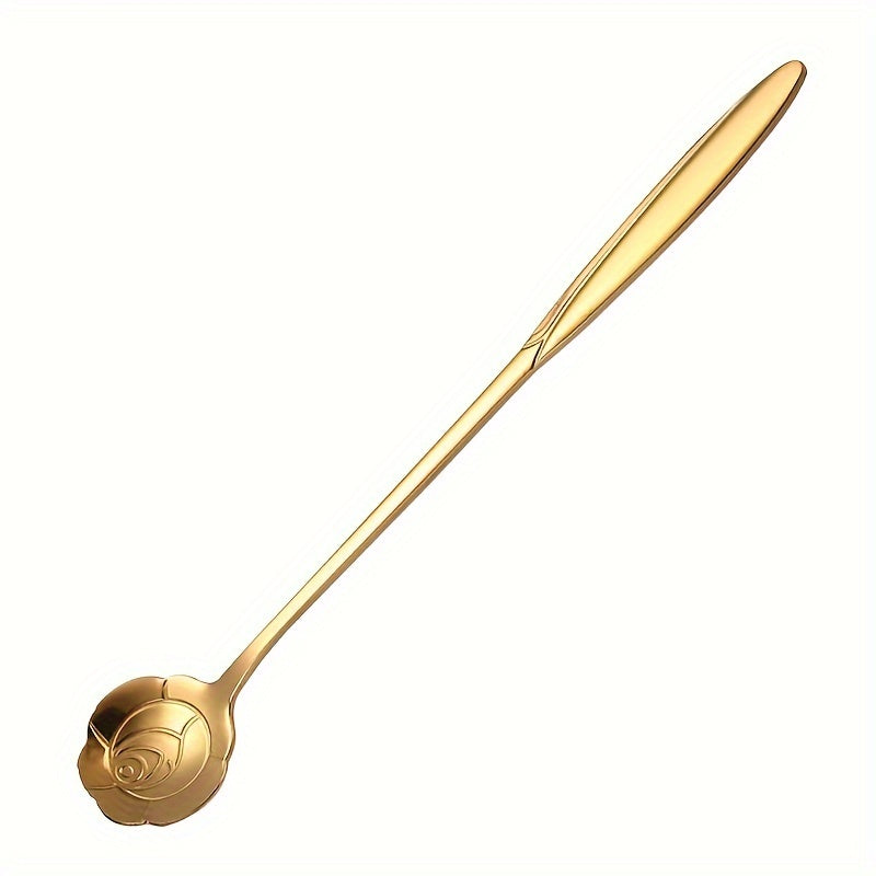 Stylish stainless steel coffee and tea spoon with a golden touch - ideal for espresso, iced drinks, and a must-have kitchen accessory with its long handle.