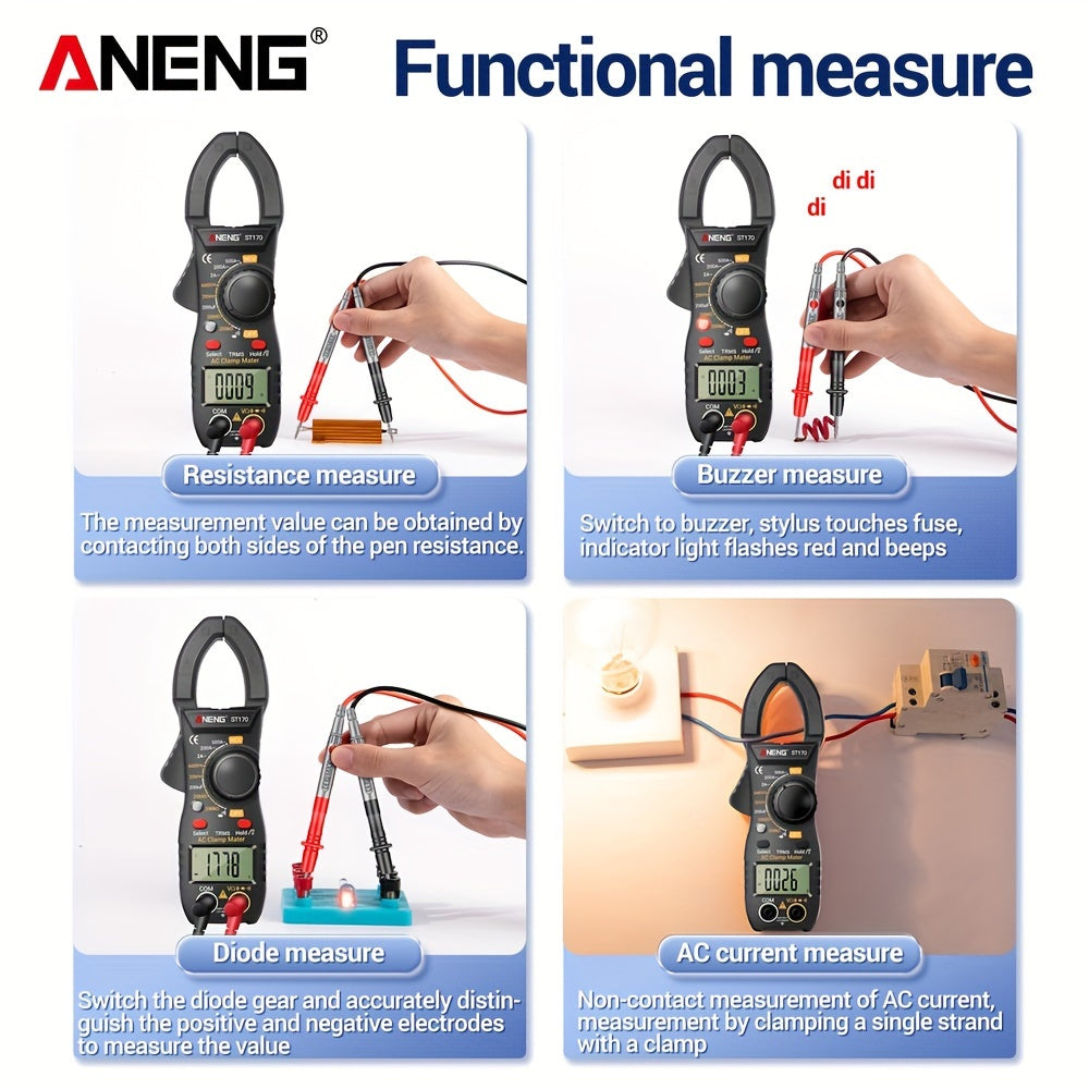 ANENG ST170 is a digital clamp meter with 500A AC current, 1999 counts, AC/DC voltage testing, Hz measurement, capacitance testing, non-contact voltage detection, resistance testing, and