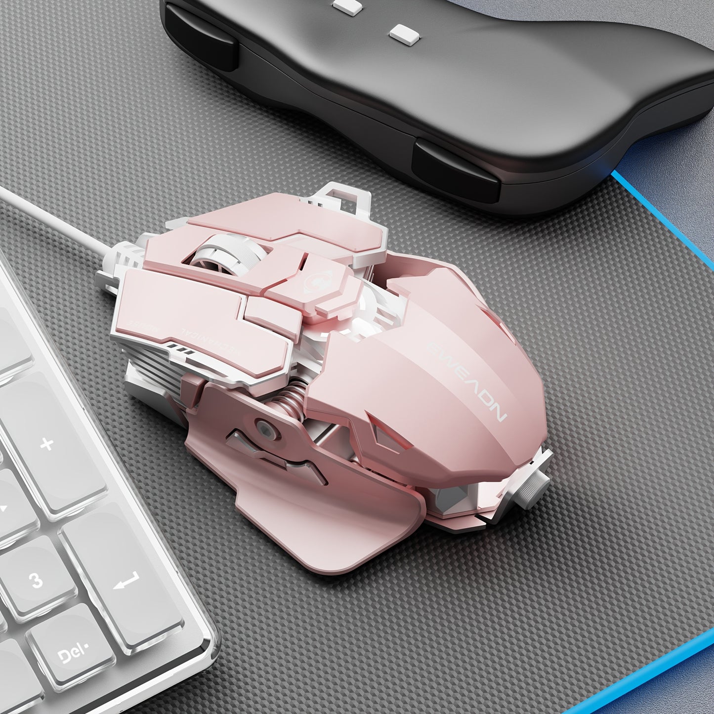 EWEADN G5 USB Wired Gaming Mouse offers silent or audible clicks, metal mechanical design with 8 macro function keys. Tail length can be adjusted to fit different hand sizes, making it