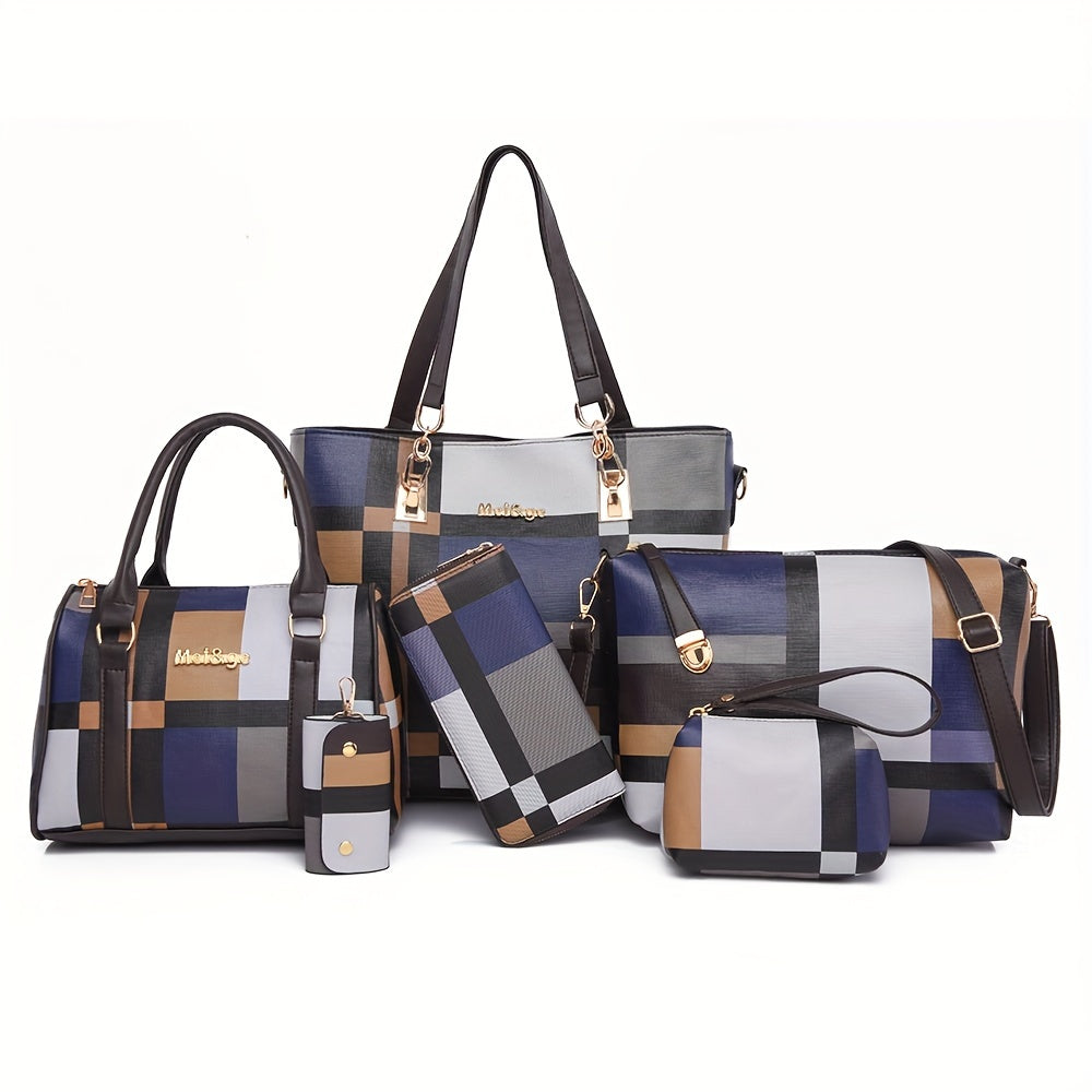 Checkered 6-piece fashion handbag set includes faux leather tote, crossbody, and shoulder bags with a simple versatile design for women.