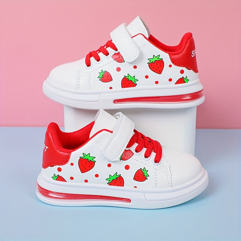 Casual cute cartoon strawberry pattern low top sneakers for girls, comfortable non-slip skateboard shoes for all seasons.