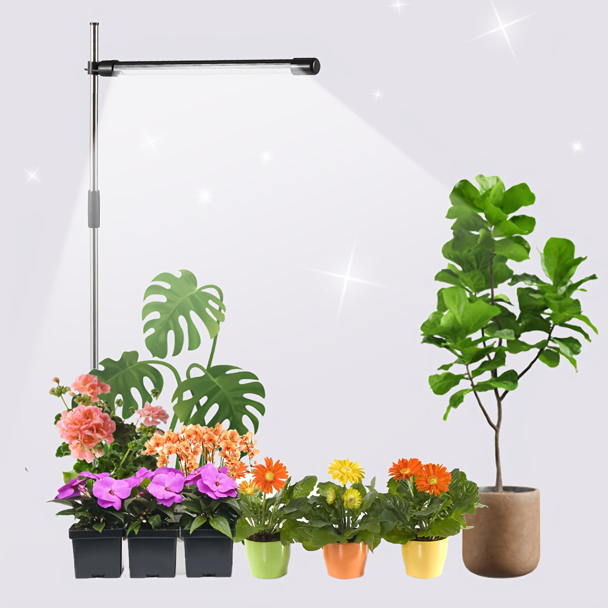 LED Plant Light with Full Spectrum for indoor plant growth, USB plug with 10 adjustable levels and automatic timer for 3, 9, and 12 hours.