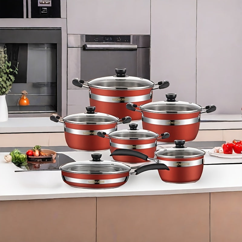 Set of 12-14 stainless steel pots, including a practical soup pot, frying pan, and spoon. Compatible with both induction cookers and gas stoves.