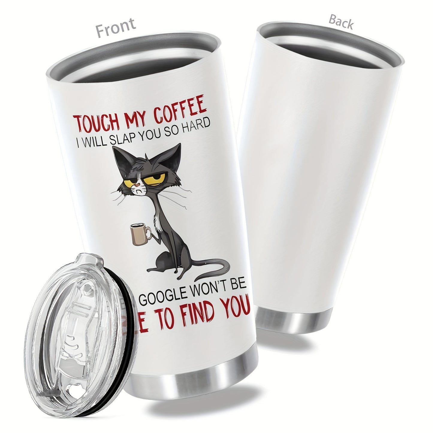 20oz stainless steel cat tumbler with funny print, double wall insulated for hot drinks, great for home, office, car, outdoors, parties and makes a perfect gift for parents, relatives, and friends.