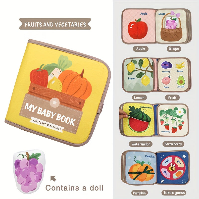 Soft cloth book toy durable and tear-resistant, ideal for educational purposes and quiet play for youngsters to learn animals, vegetables, fruits, numbers, and shapes.