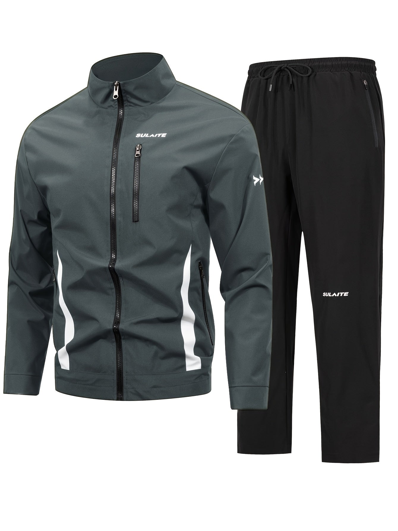 Green & black striped tracksuit set for men made of 100% polyester, suitable for machine washing. Features a zip-up jacket with stand collar and matching joggers, ideal for outdoor racing