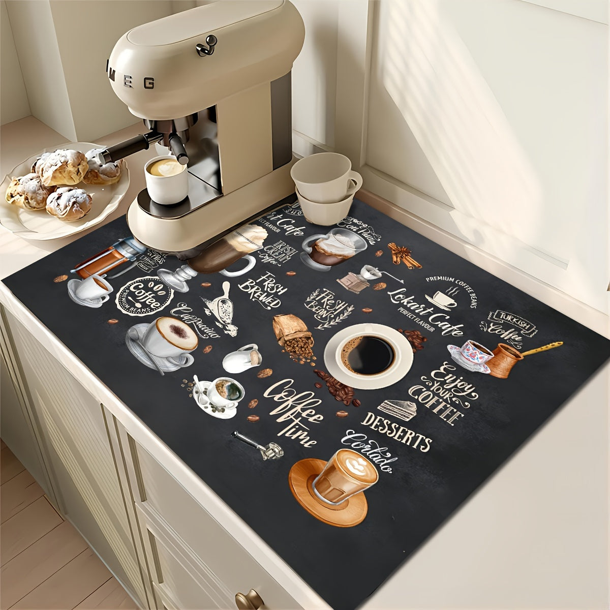 Get your hands on these vintage-inspired Retro Coffee Patterns Pads! Perfect for protecting kitchen counters, these rubber absorbent dishwashing mats also double as stylish kitchen placemats. Complete your coffee bar with these perfect accessories for