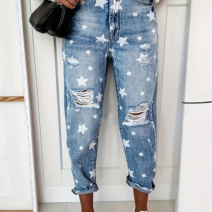 Plus size women's blue high waisted star printed ripped hole rolled edge straight leg pants.