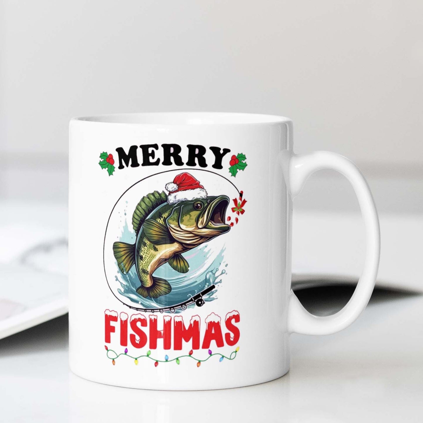 Get into the holiday spirit with the Festive Ceramic Coffee Mug featuring a Merry Fishmas Fishing Christmas Design. This mug is food contact safe and requires no electricity, making it perfect for use at the office, while camping, or during dining. It