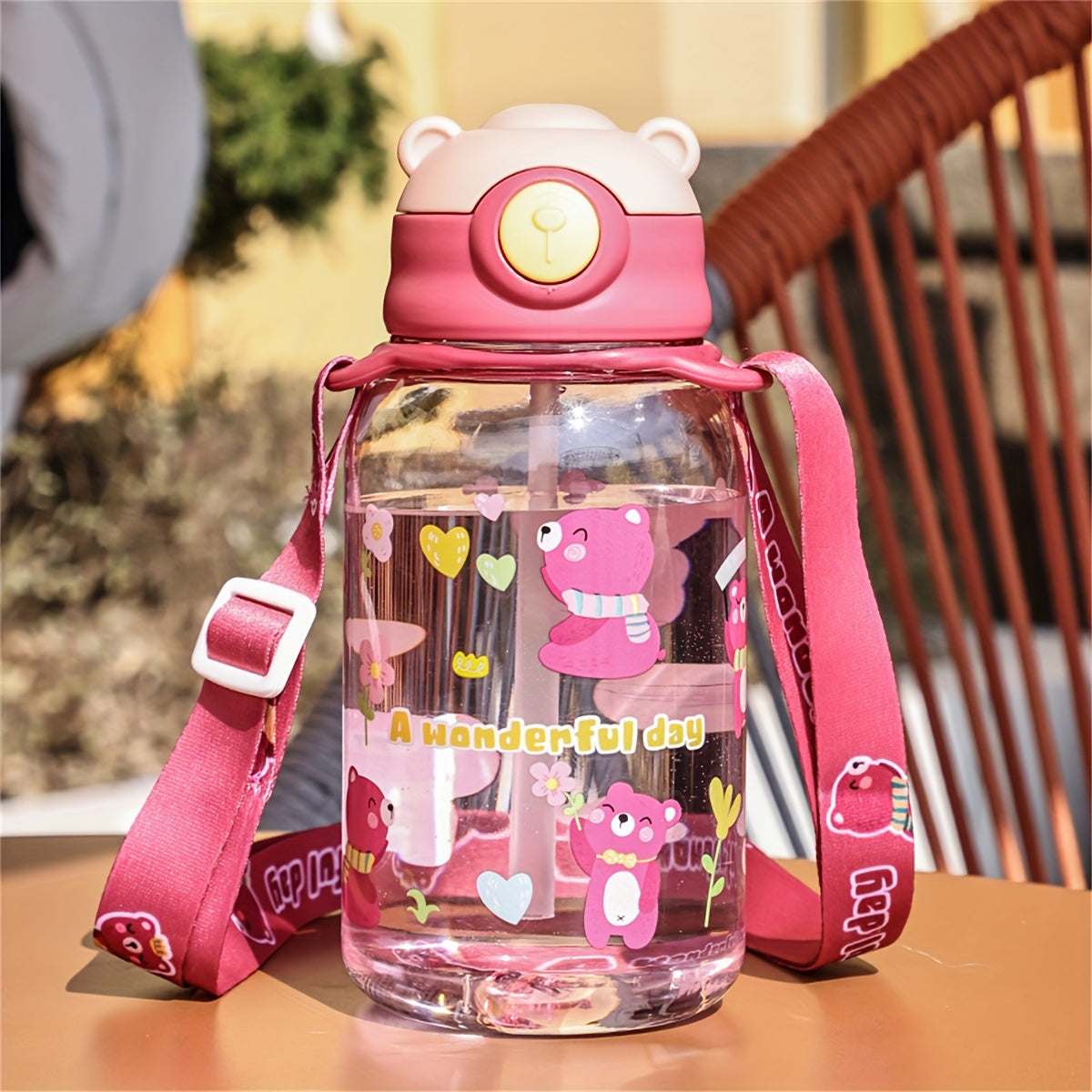 650ml Plastic Cup with One-Button Pop Lid, Cartoon Anime Strap, Portable and Cute