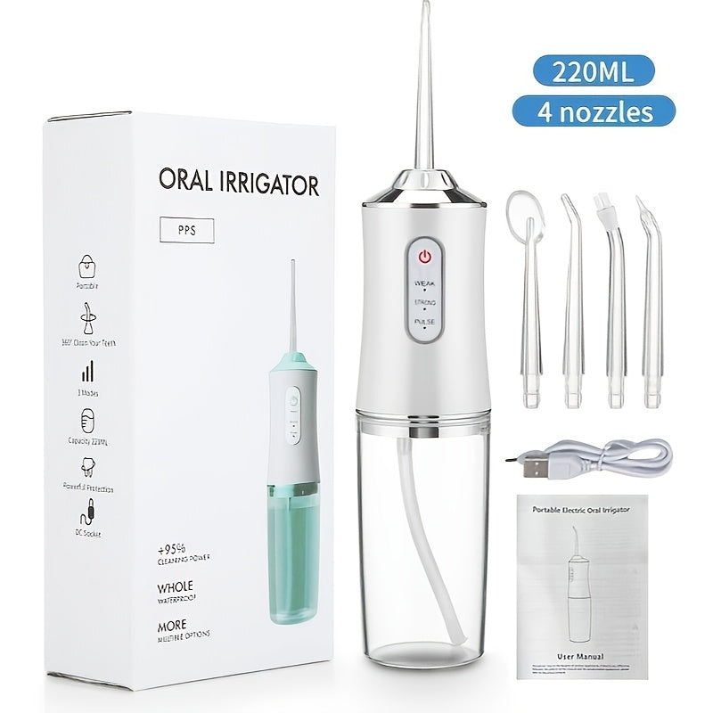 Portable rechargeable water flosser with 3 modes and 4 nozzle functions for dental hygiene on-the-go.