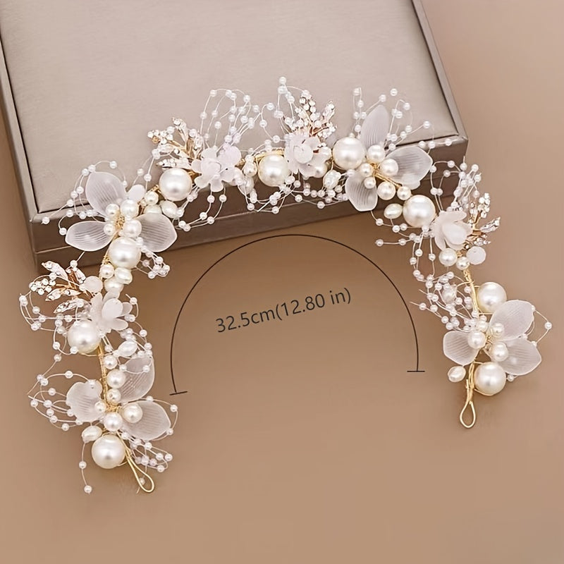 Vintage-style faux pearl flower tiara for brides, fairy princesses, and boho brides. Add a touch of elegance to your wedding hair with this beautiful headband.