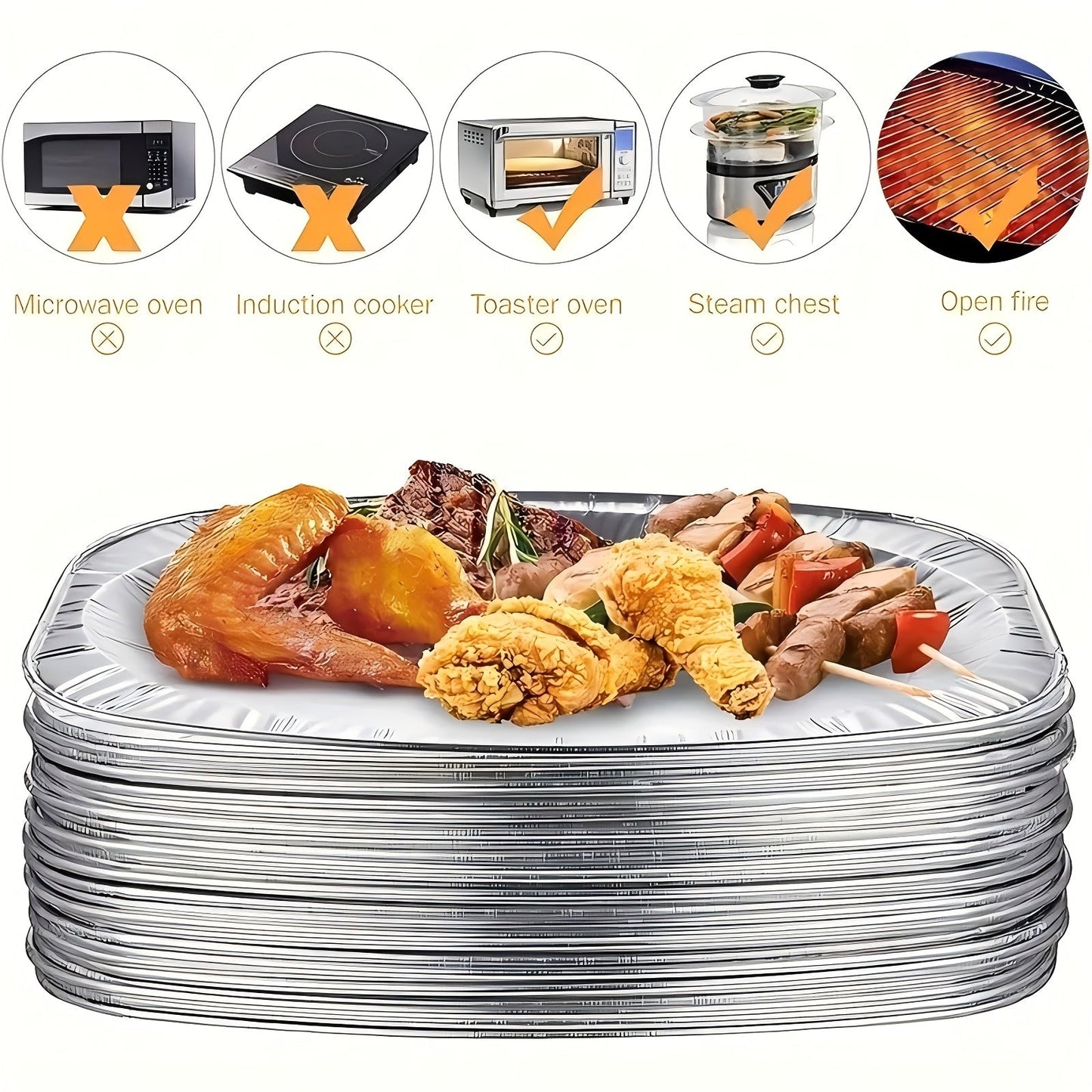 Pack of 10 aluminum foil pans for baking, disposable trays in an oval shape for heating, storage, and outdoor grilling - No electricity required