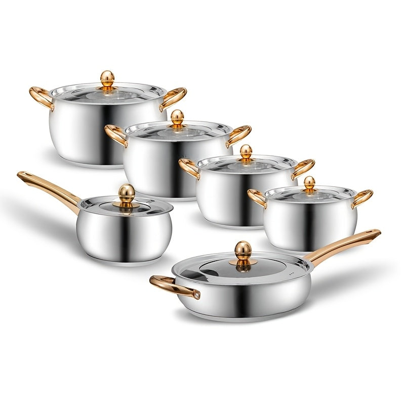 Stainless Steel Cookware Set with 12 Pieces and Golden Handles, Featuring 6 Sauce Pans with Glass Lids, High-Quality and Stylish Kitchen Necessities