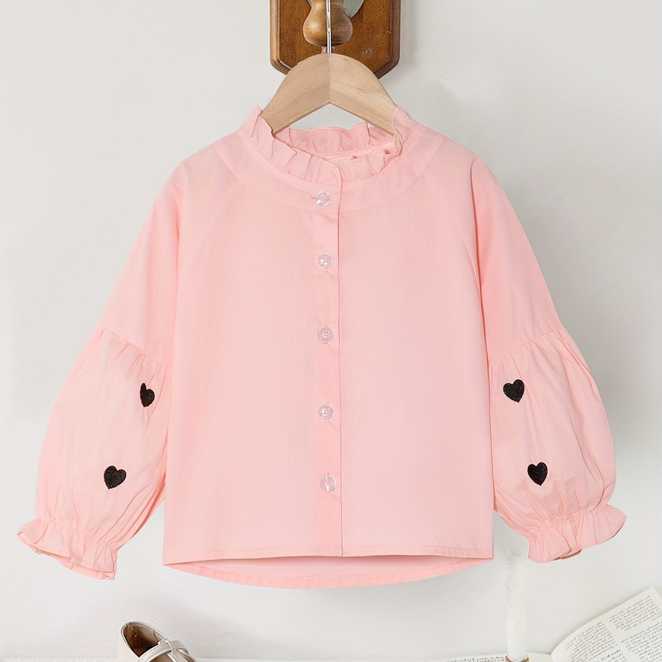 Chic Fall 2024 Girls' Heart Pattern Blouse with Ruffled Collar - Polyester, Machine Washable