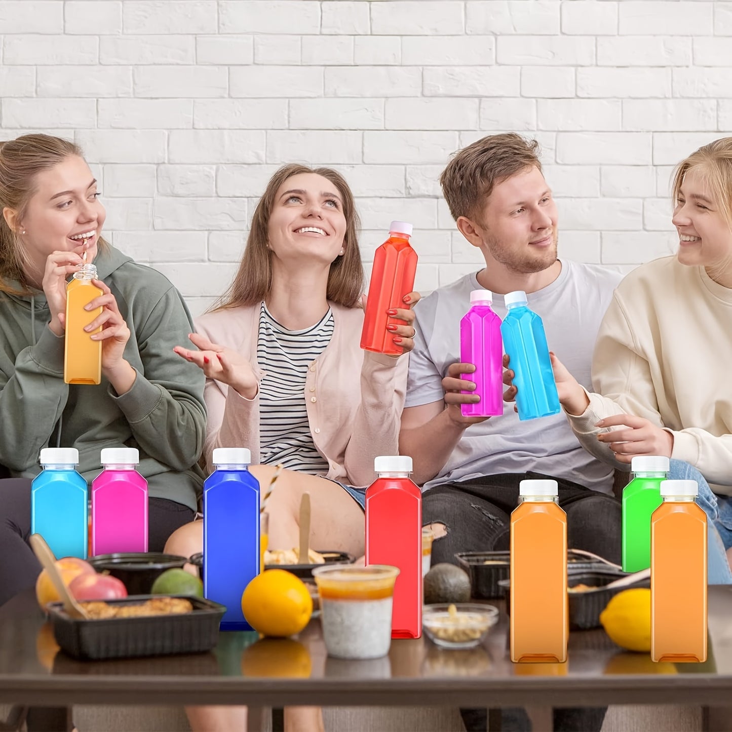 10 square plastic juice bottles with leak-proof caps, hand wash only, PVC-free, ideal for smoothies and juicing.