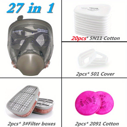 6800 Full Face Chemical Respirator Gas Mask with a 1 facepiece for painting, spraying, and chemical safety work, providing formaldehyde protection in sizes ranging from 7.62 to 68.58 cm.