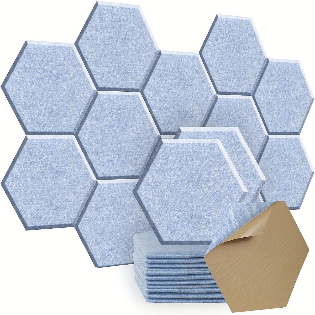 12-pack of hexagonal soundproof foam panels with self-adhesive backing, flame retardant properties, and dimensions of 30.48cm x 25.4cm x 1.02cm. Ideal for noise reduction and echo