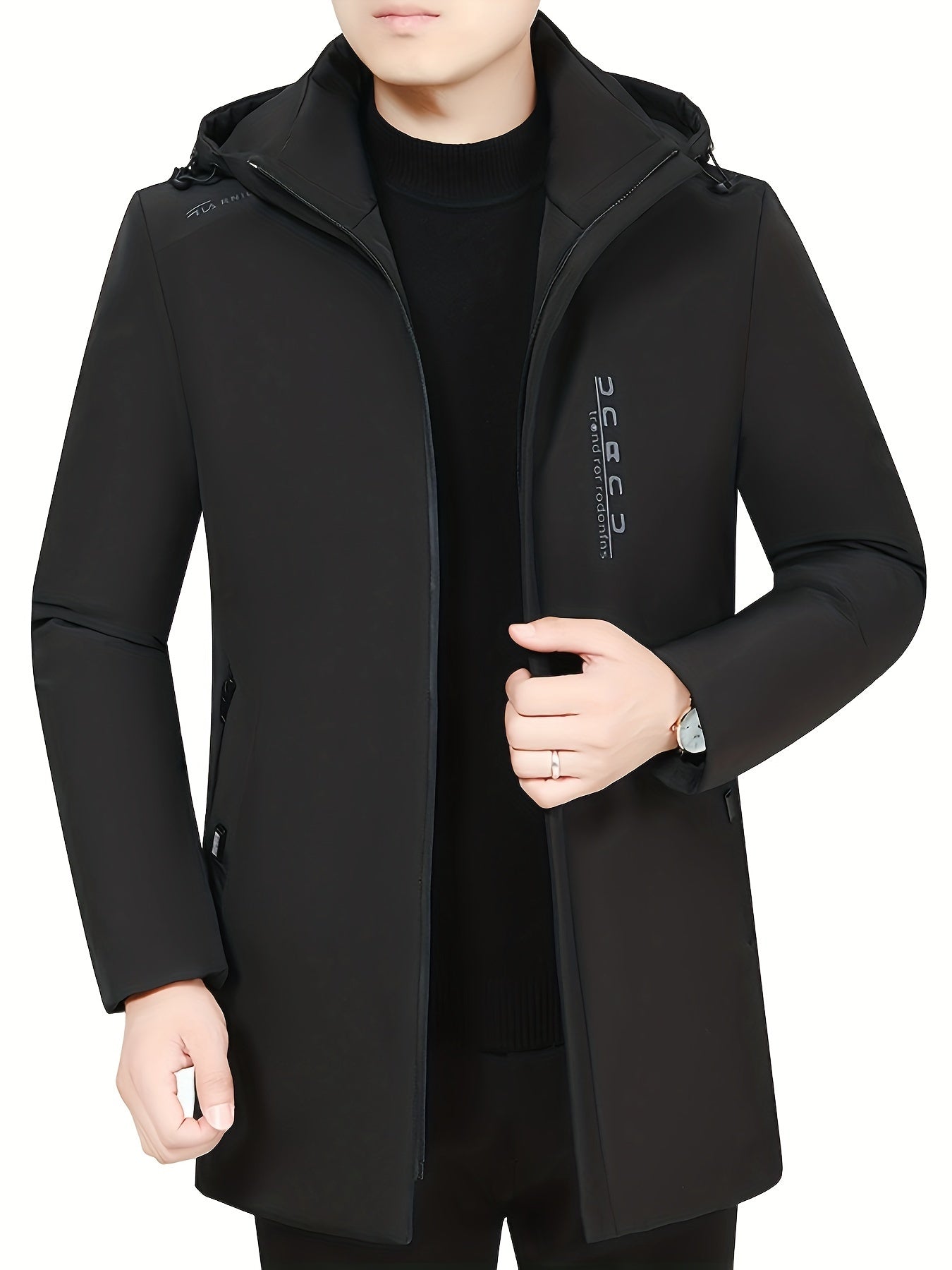 Men's black polyester winter jacket with hood, dual inner pockets, ribbed cuffs, and zipper closure for warmth and style. Suitable for casual cold wear, sleek design with ribbed cuffs.