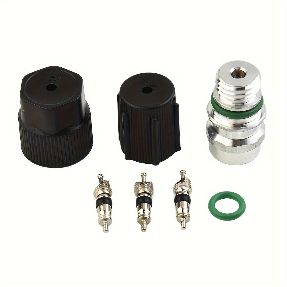 Kit includes 7 pieces of AC system caps and valve cores, designed for vehicle air conditioning maintenance with R134a refrigerant.