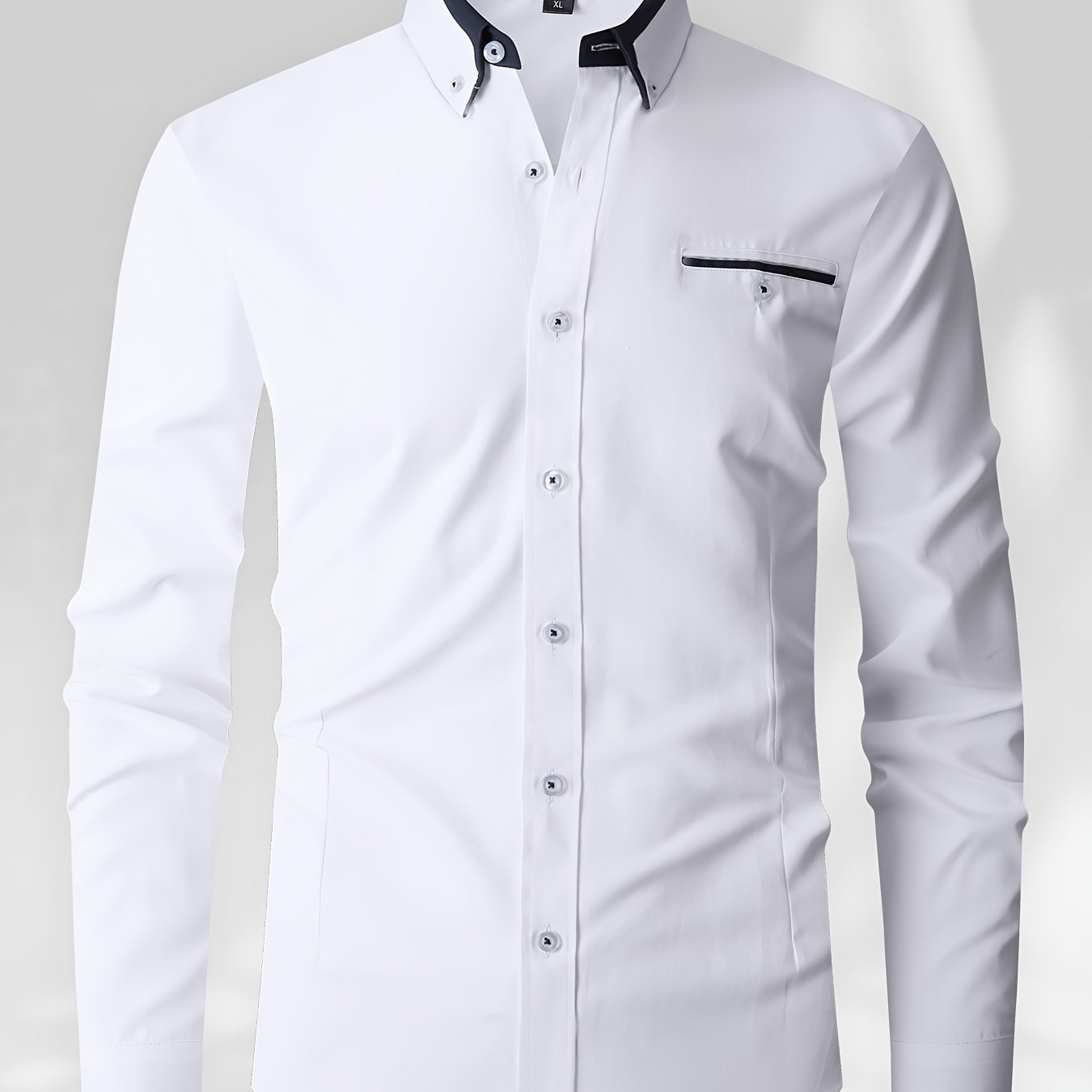 Men's color block shirt, made of 60% polyester and 40% cotton, with long sleeves, regular fit, lapel collar, and button details. Made of woven fabric, non-stretch, and suitable for work