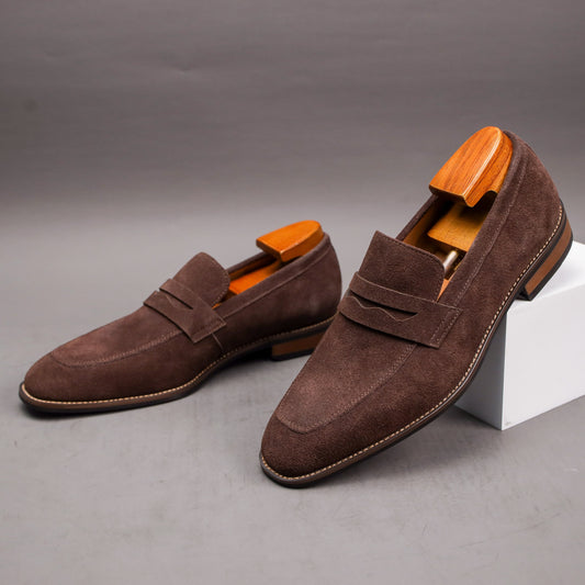 Men's Solid Color Penny Loafers with Cowhide Upper and Non-Slip Rubber Sole, Elegant and Durable Dress Shoes for Men.